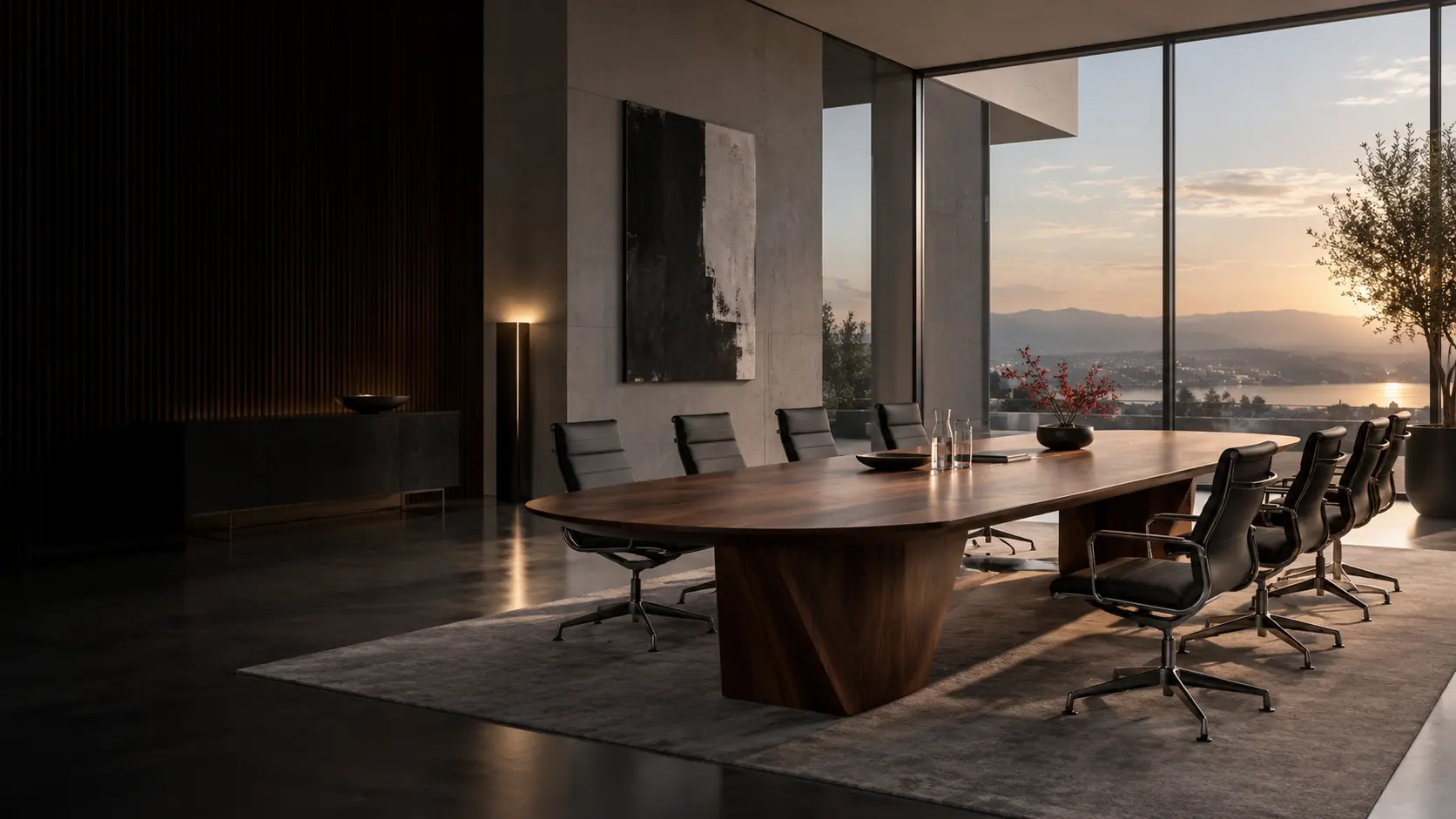 Modern executive conference room with a sculptural walnut table and black ergonomic seating