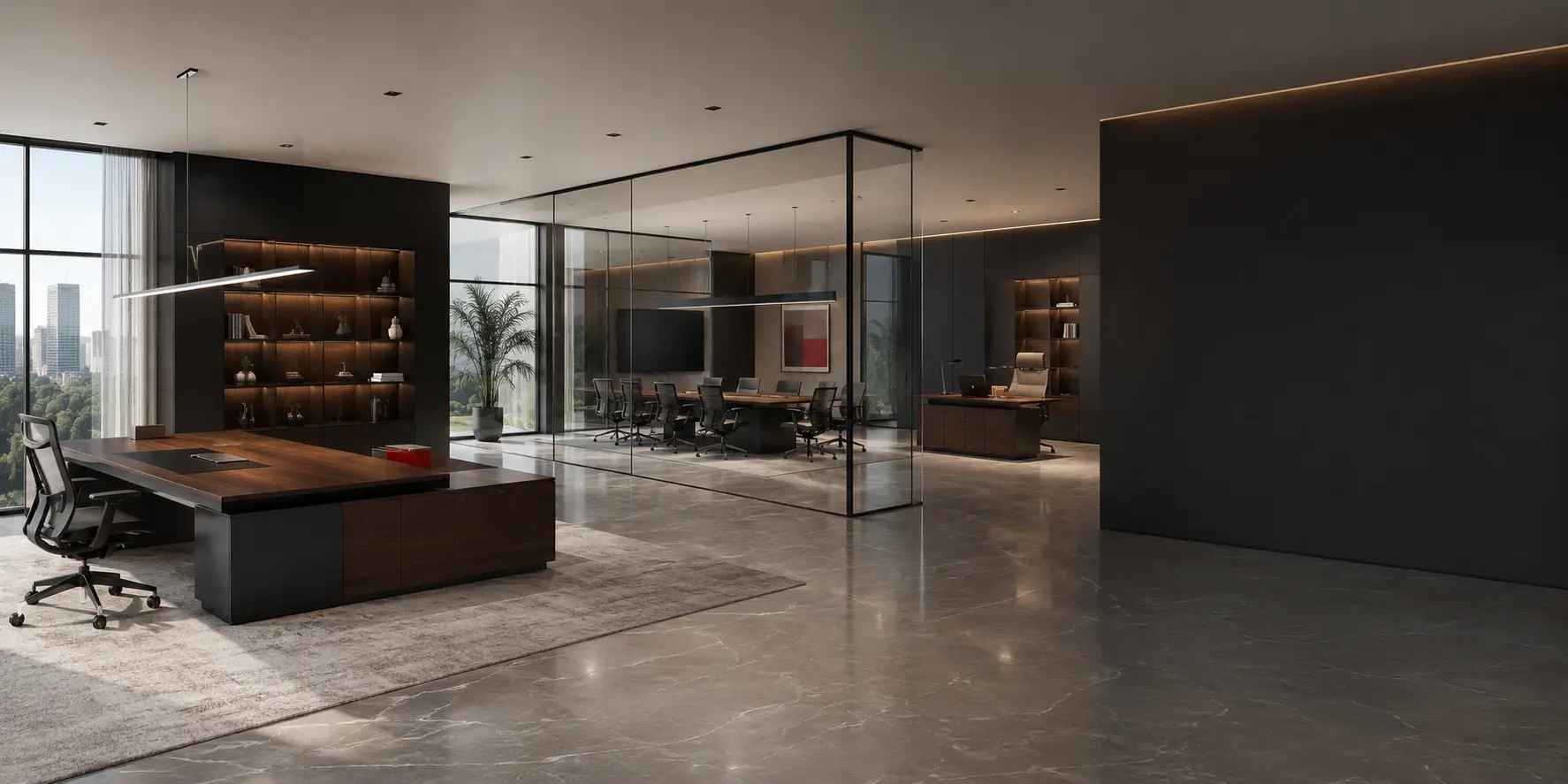 Design-forward executive workplace with private offices, ergonomic seating and a glass conference room