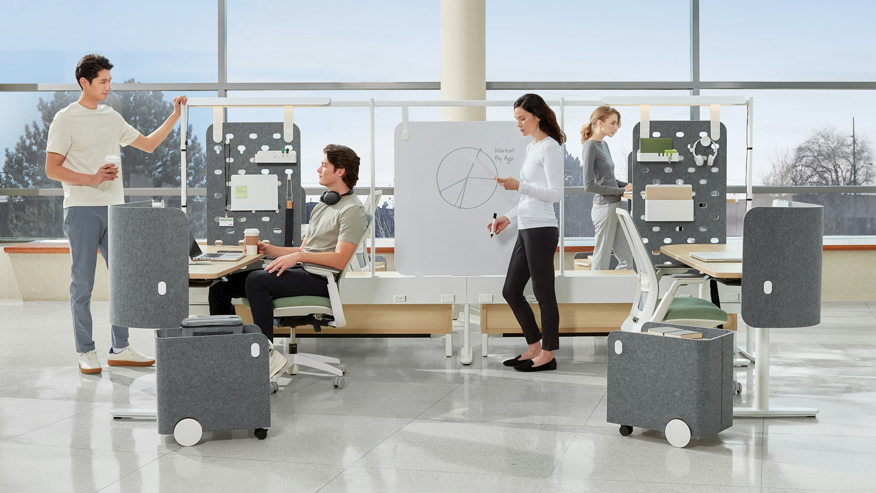 Flexible Global Open Spaces workplace with desks, privacy panels, storage and collaborative whiteboards
